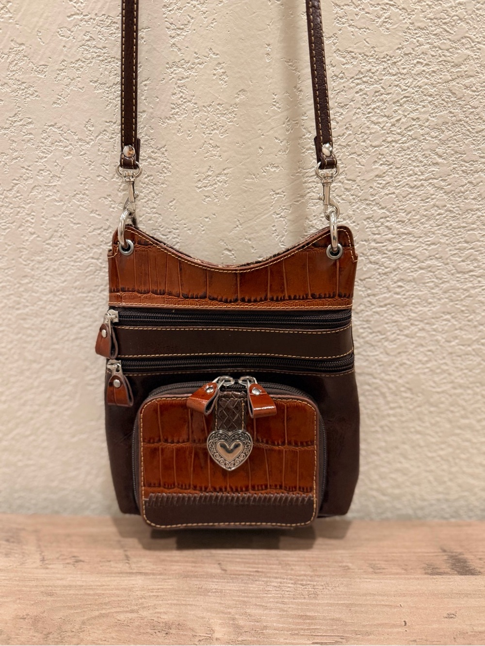 Brighton Leather Brown Two-Tone Crossbody Bag with Heart Charm